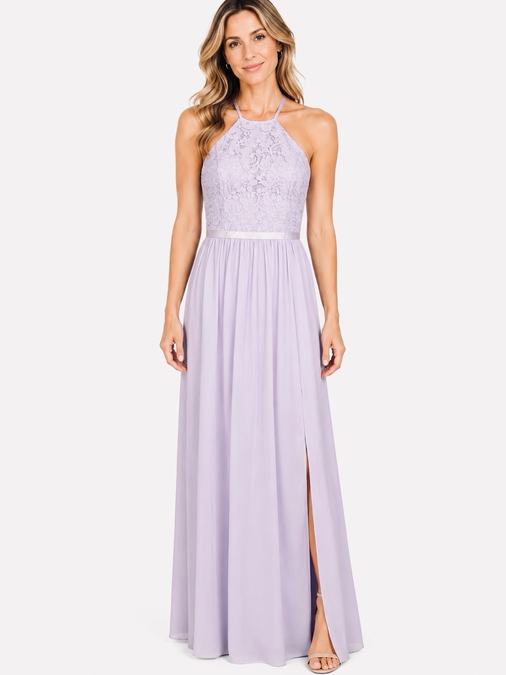 DAVID’D BRIDAL Iris Lilac/Lavender Halter Lace and Chiffon Maxi Dress Size 6